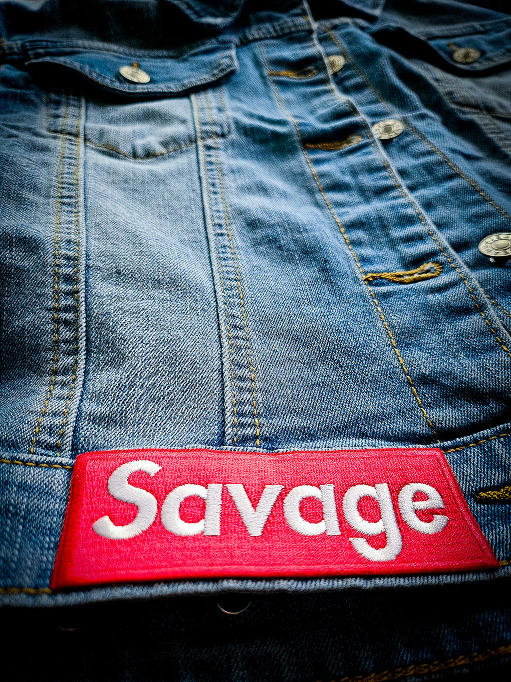 "Savage" Patch Cropped Denim Jacket