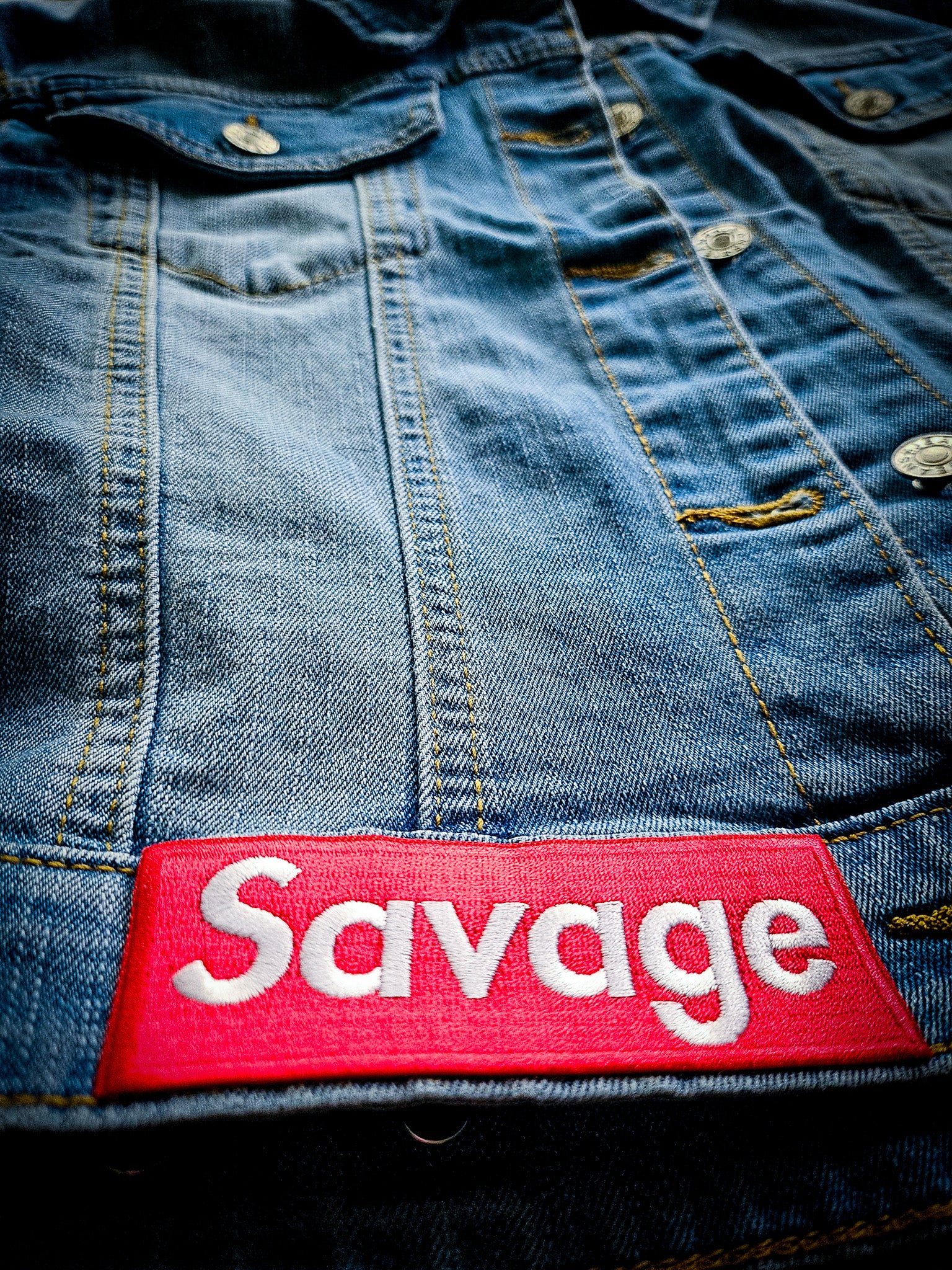 "Savage" Patch Cropped Denim Jacket