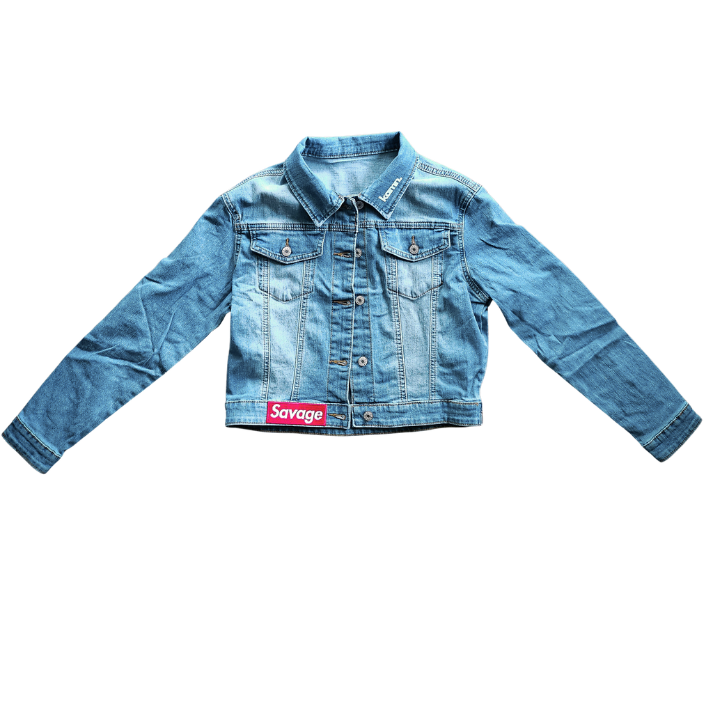 "Savage" Patch Cropped Denim Jacket
