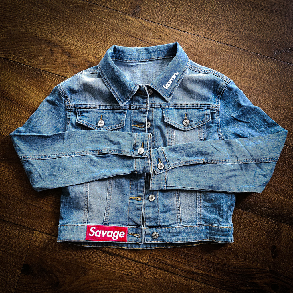 "Savage" Patch Cropped Denim Jacket
